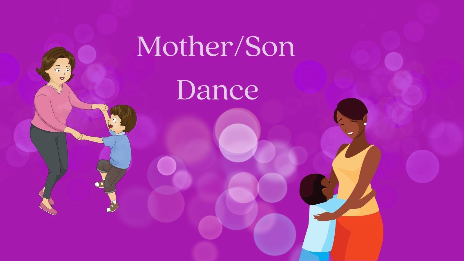Mothers dancing with sons with purple background, sparkles and the words Mother/Son Dance